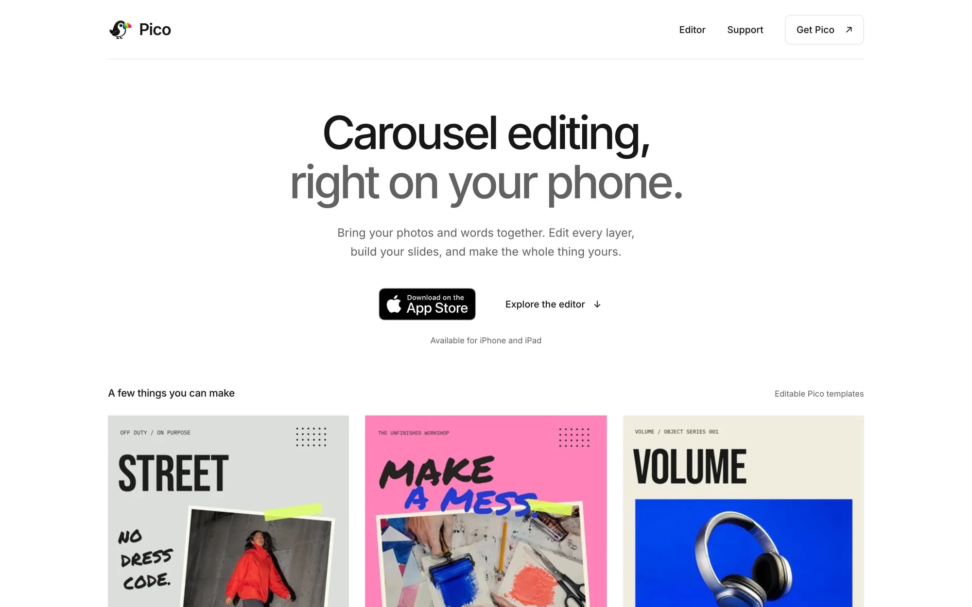 The Pico website with example carousel templates