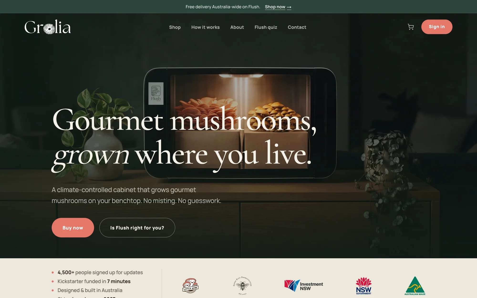 The grolia.com.au homepage with a Flush cabinet growing mushrooms