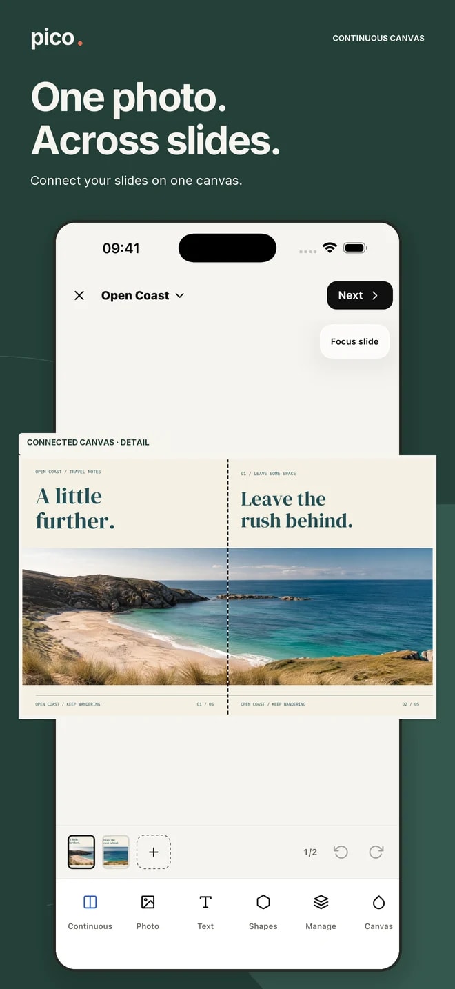 Pico App Store screenshot: one photo across slides on a connected canvas