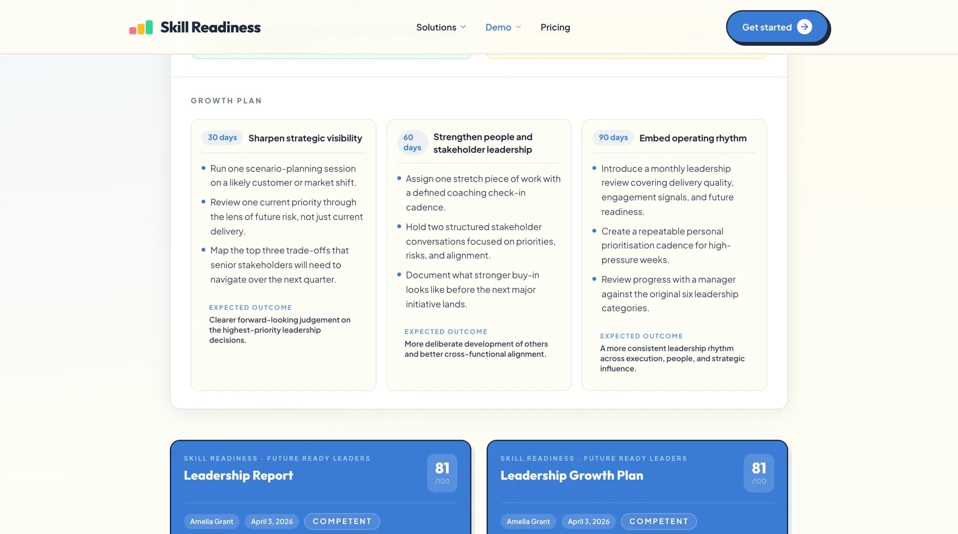 A Skill Readiness growth plan with 30, 60 and 90 day actions