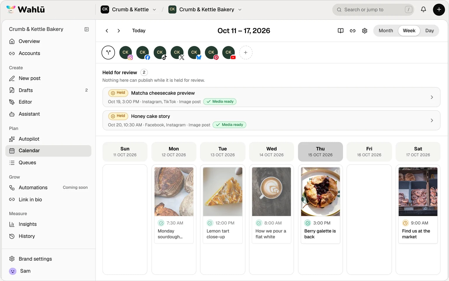 Wahlu content calendar with scheduled posts and an AI agent activity panel