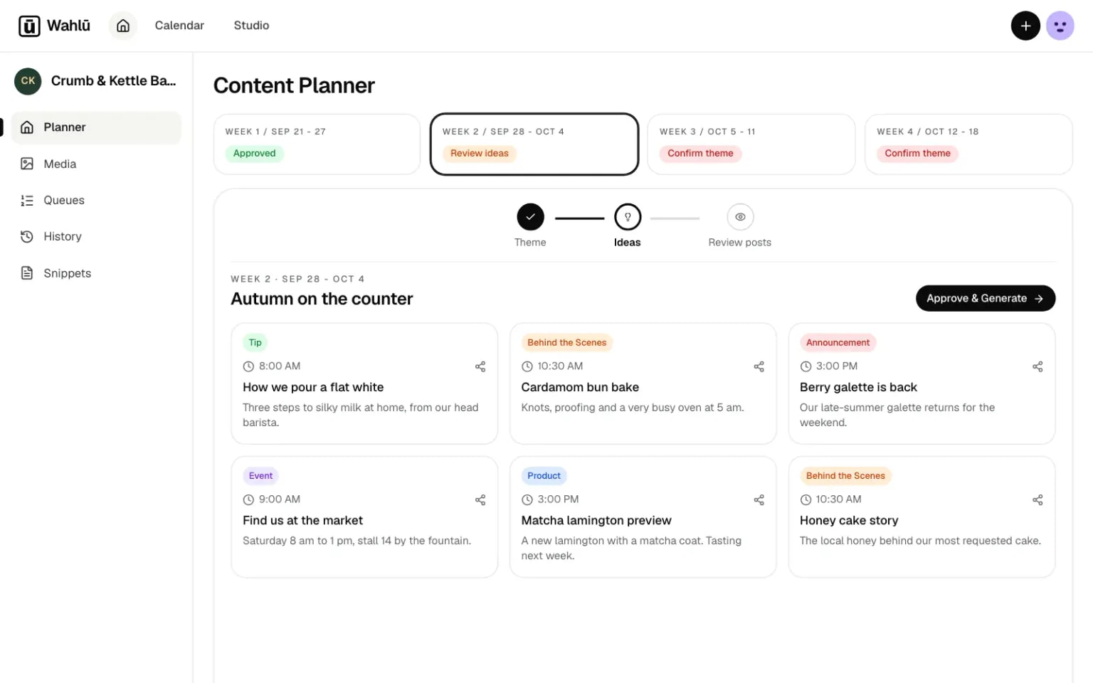 Wahlu content planner showing four weeks of themes and post ideas